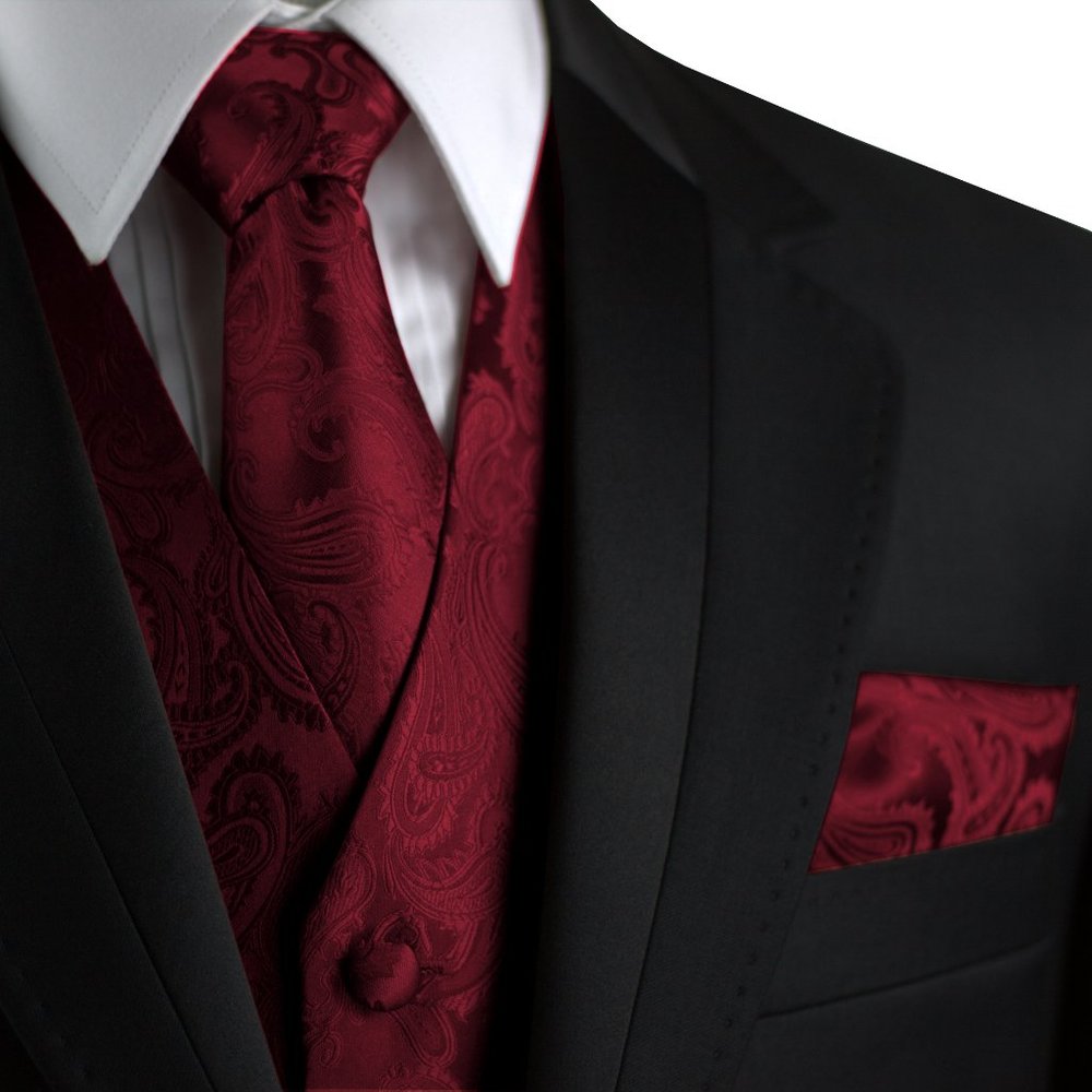 Men's Formal Wedding Prom Homecoming Tuxedo Vest Tie Hankie - Burgundy Paisley